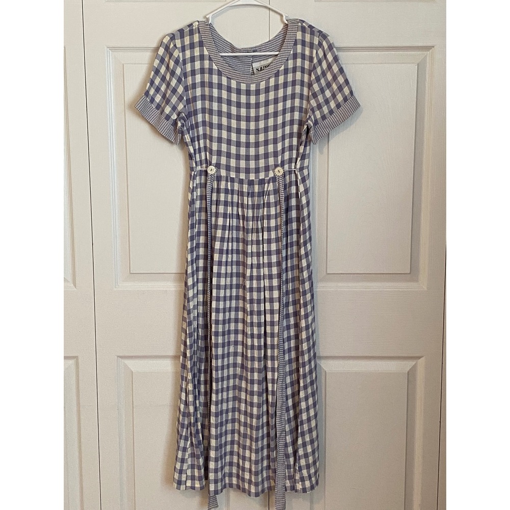 Vintage SL Fashions Gingham Maxi Dress Blue White Cottagecore Button Back Size 6